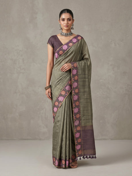 MIMOSA Bottle Green Banarasi Art Silk Saree — AI Model Lifestyle Pose 1