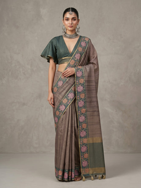 MIMOSA Blue Banarasi Art Silk Saree — AI Model Lifestyle Pose 1