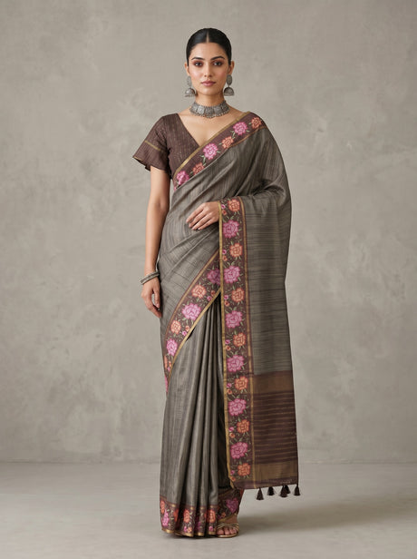 MIMOSA Chocolate Banarasi Art Silk Saree — AI Model Lifestyle Pose 1