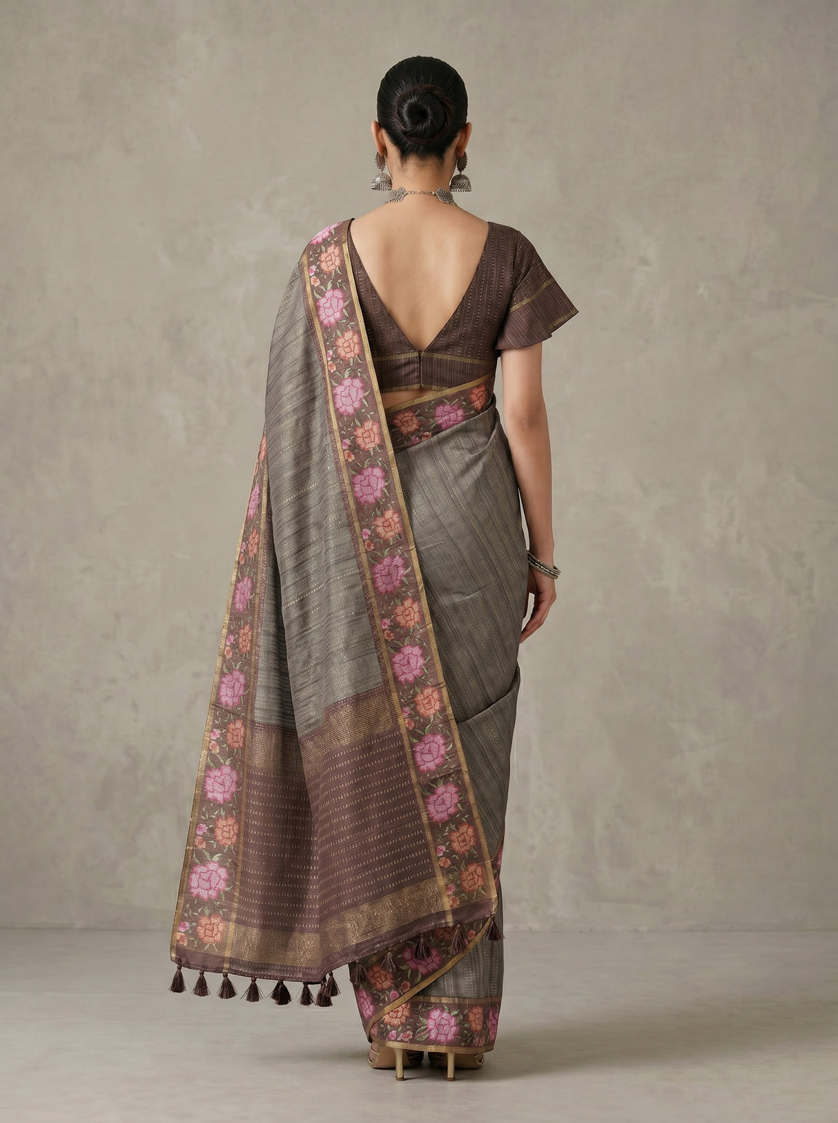 MIMOSA Chocolate Banarasi Art Silk Saree — pose 2 styling detail