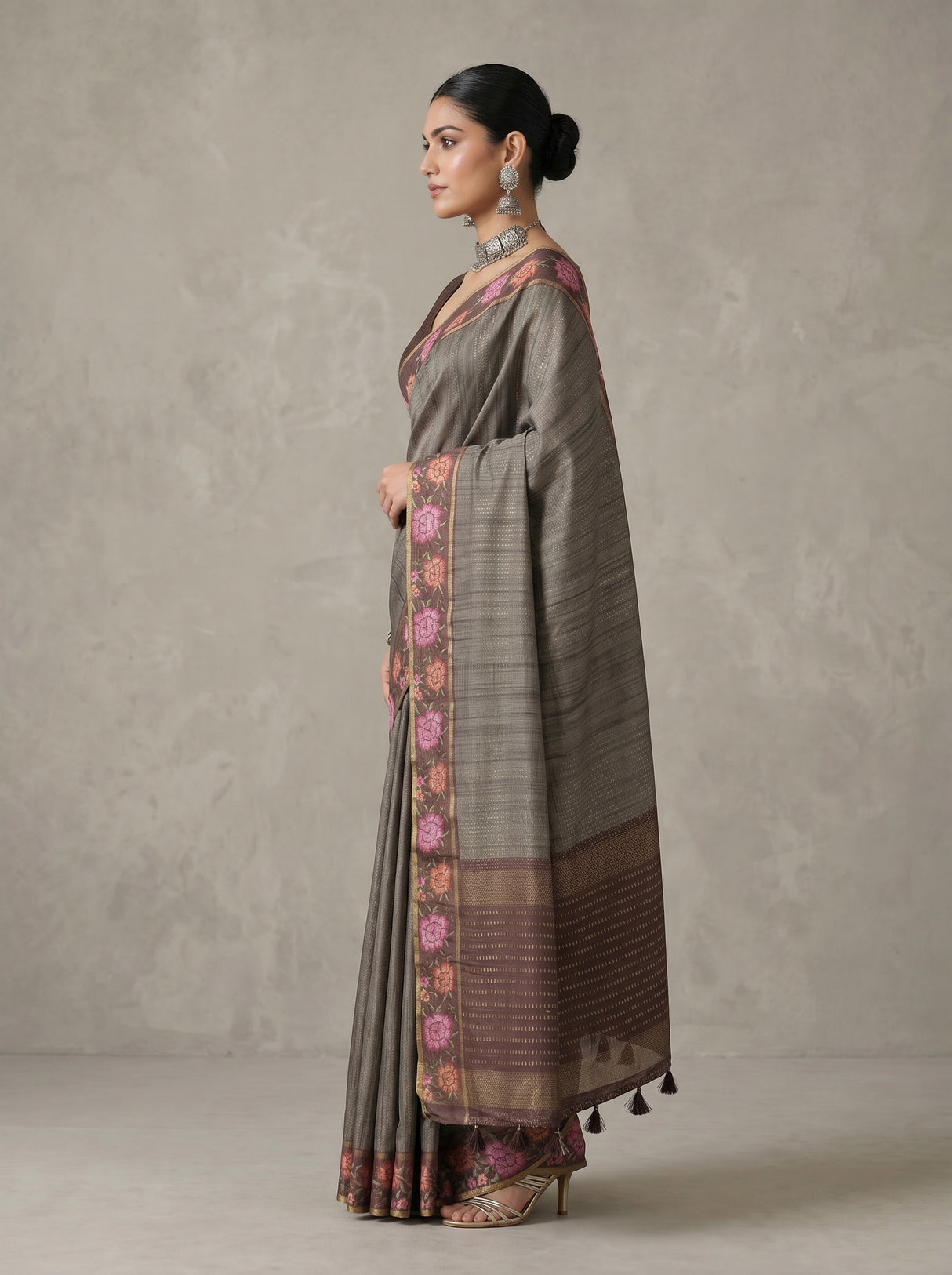 MIMOSA Chocolate Banarasi Art Silk Saree — pose 3 styling detail