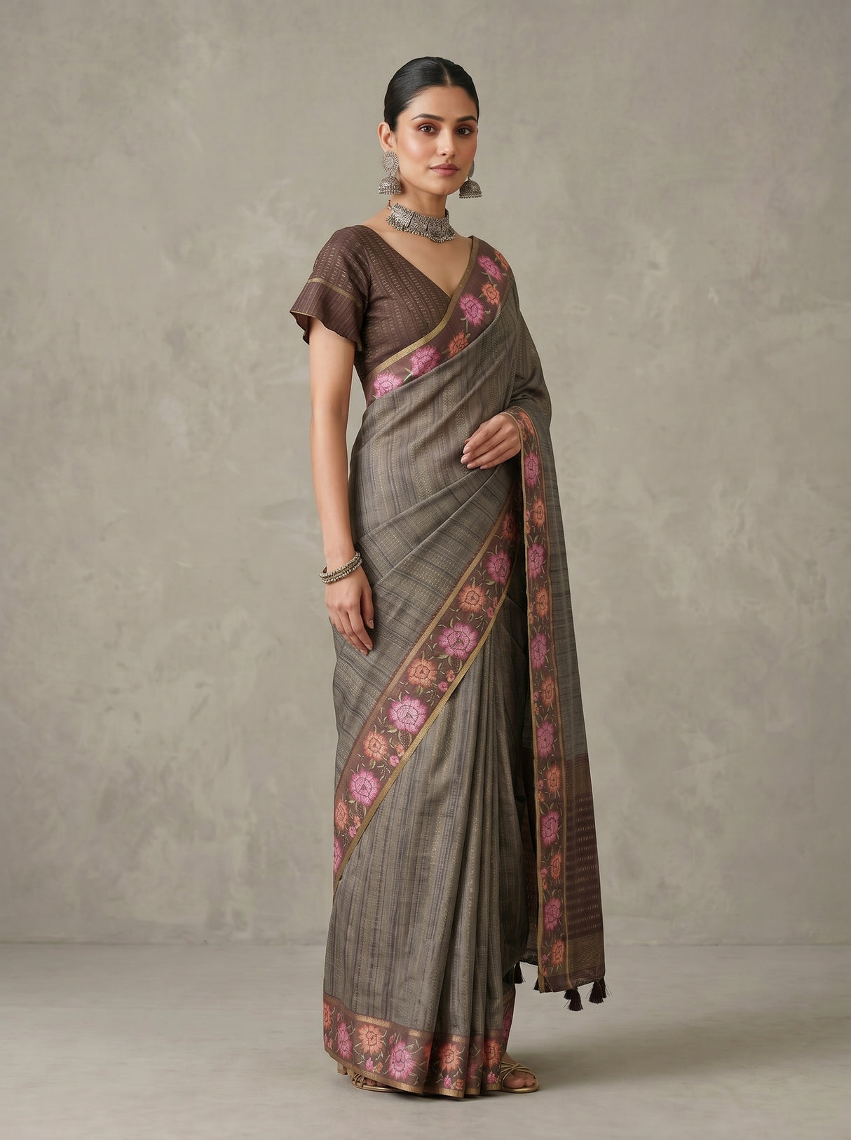 MIMOSA Chocolate Banarasi Art Silk Saree — pose 4 styling detail