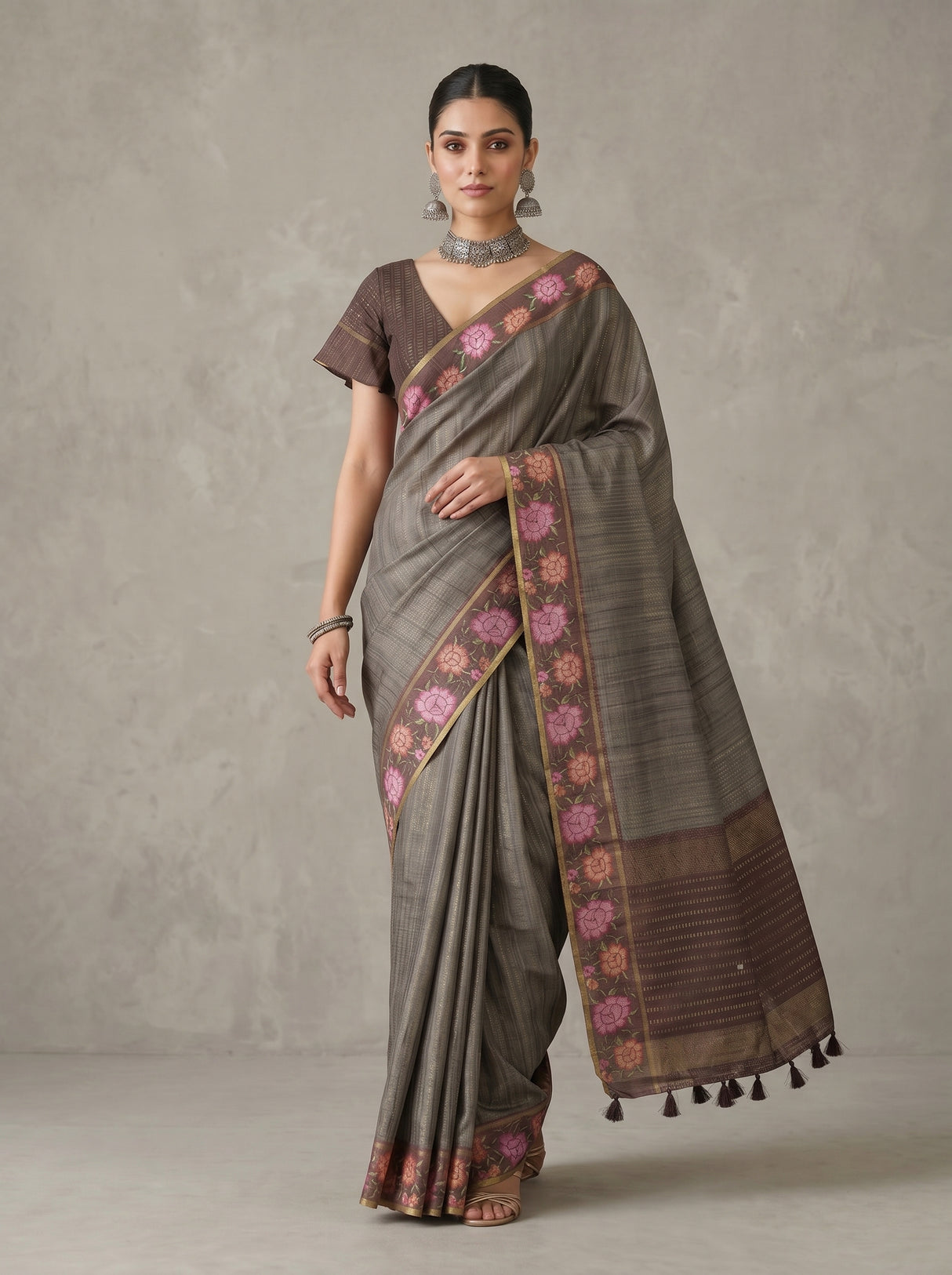 MIMOSA Chocolate Banarasi Art Silk Saree — pose 6 styling detail