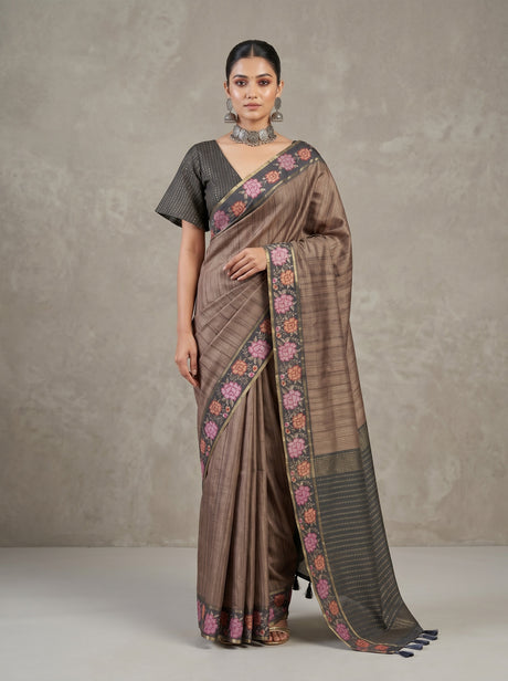 MIMOSA Grey Banarasi Art Silk Saree — AI Model Lifestyle Pose 1