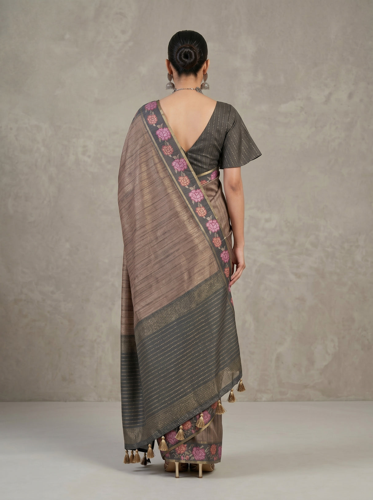 MIMOSA Grey Banarasi Art Silk Saree — pose 2 styling detail