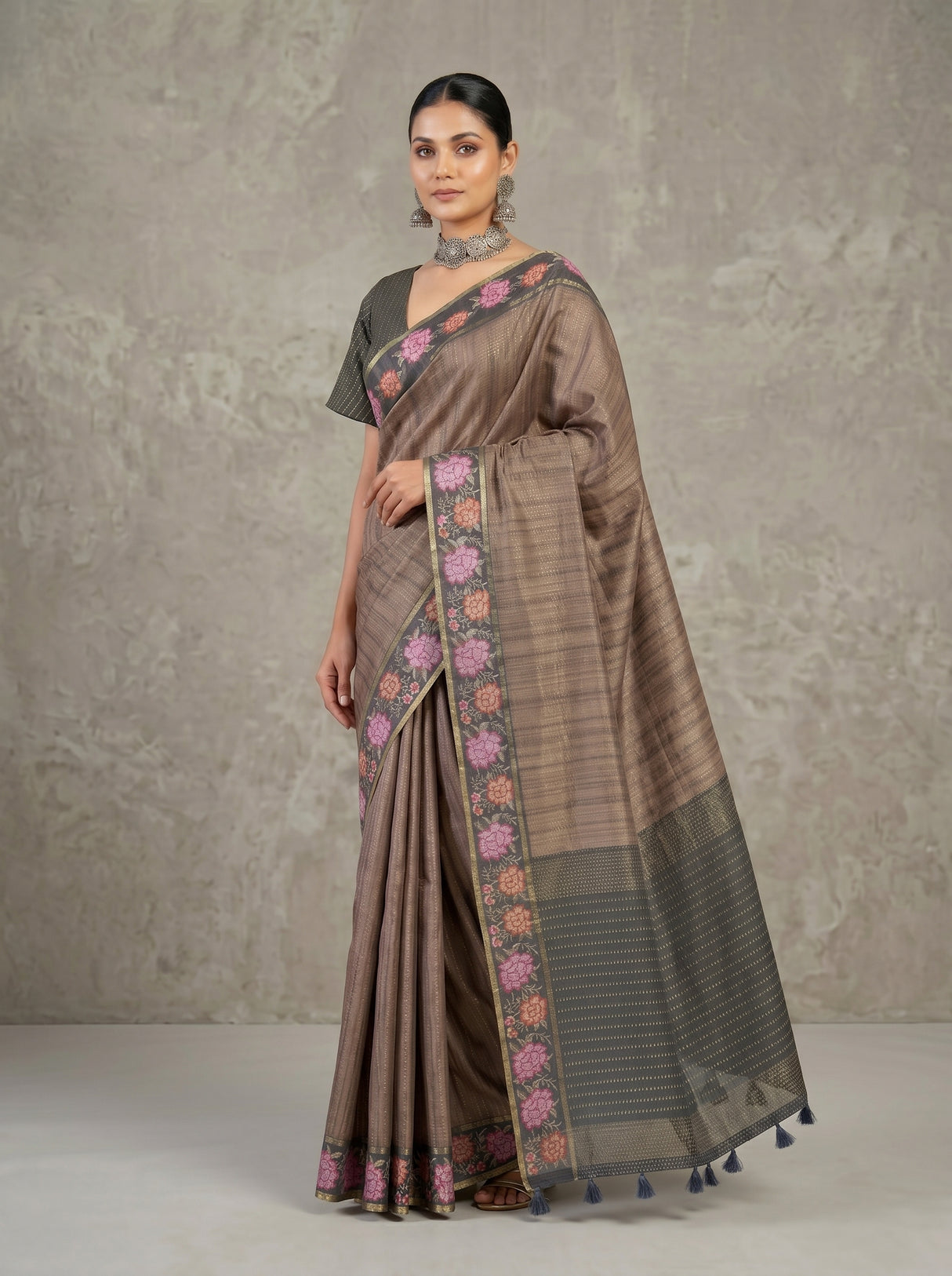 MIMOSA Grey Banarasi Art Silk Saree — pose 4 styling detail