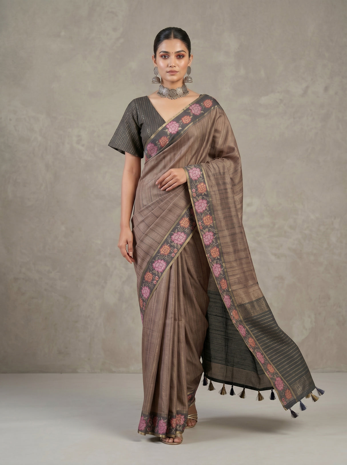 MIMOSA Grey Banarasi Art Silk Saree — pose 6 styling detail