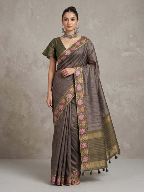 MIMOSA Olive Banarasi Art Silk Saree — AI Model Lifestyle Pose 1