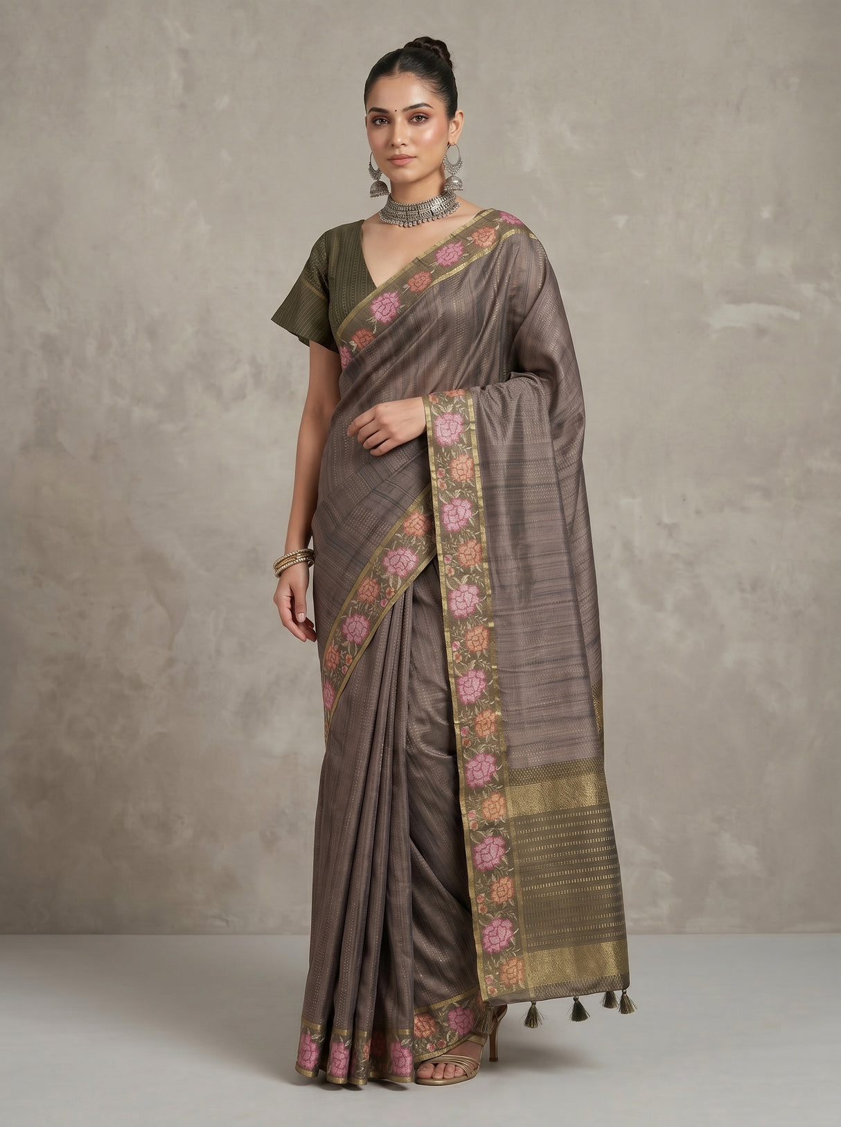 MIMOSA Olive Banarasi Art Silk Saree — pose 4 styling detail