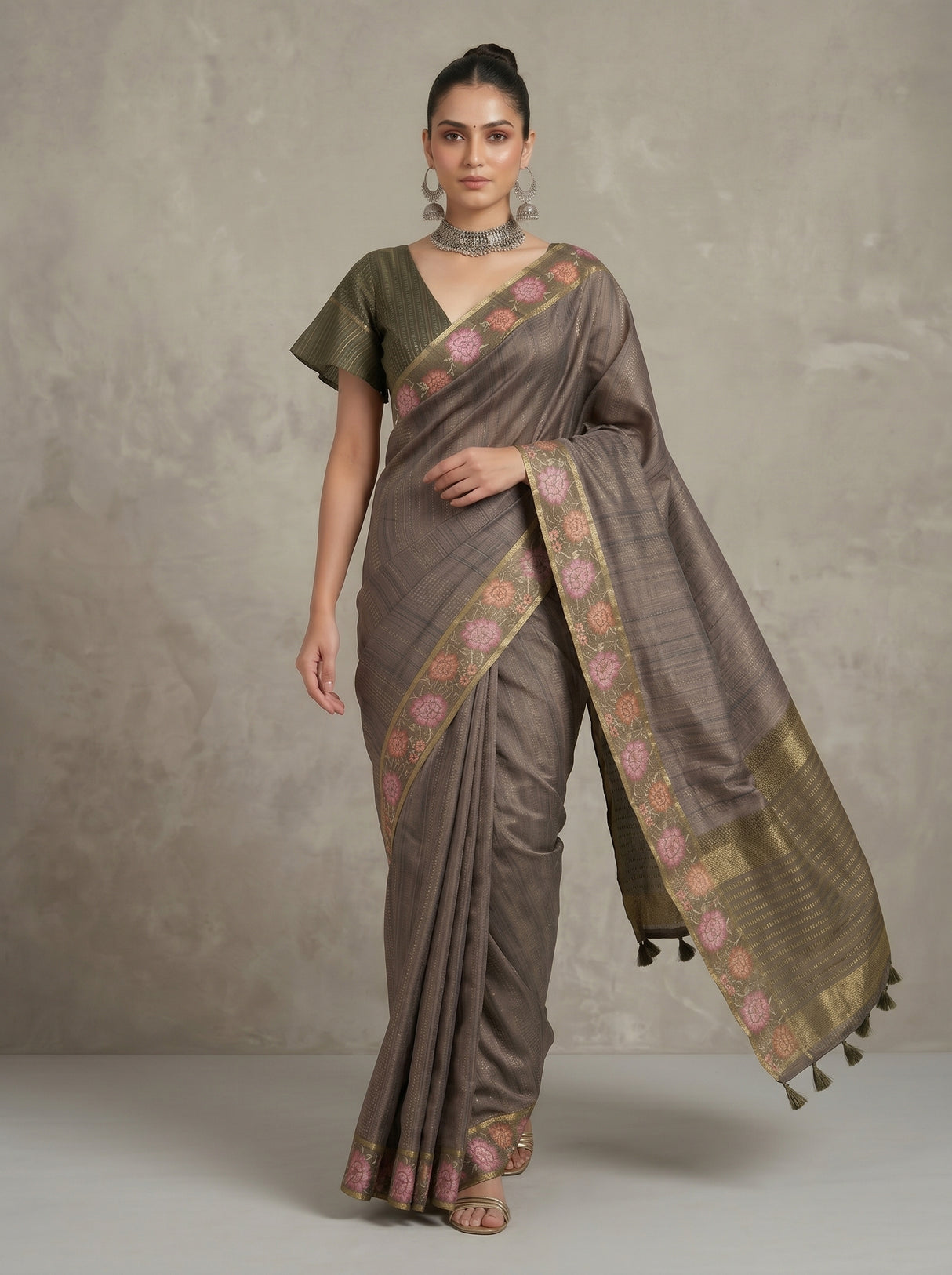 MIMOSA Olive Banarasi Art Silk Saree — pose 6 styling detail