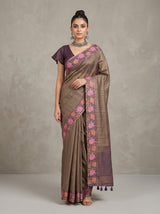 MIMOSA Wine Banarasi Art Silk Saree — AI Model Lifestyle Pose 1