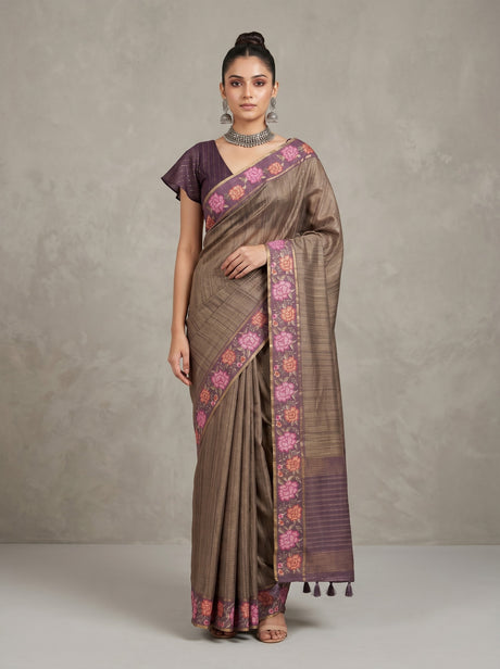 MIMOSA Wine Banarasi Art Silk Saree — AI Model Lifestyle Pose 1
