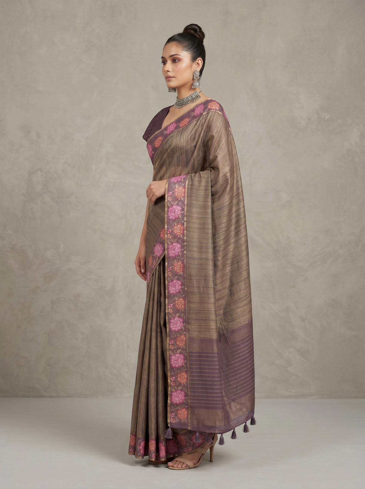 MIMOSA Wine Banarasi Art Silk Saree — pose 3 styling detail