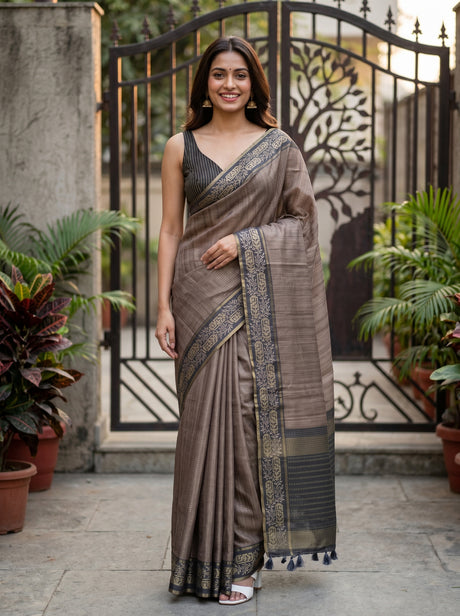 MIMOSA Grey Banarasi Art Silk Saree — AI Model lifestyle pose