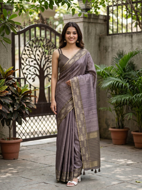 MIMOSA Olive Banarasi Art Silk Saree — AI Model lifestyle pose