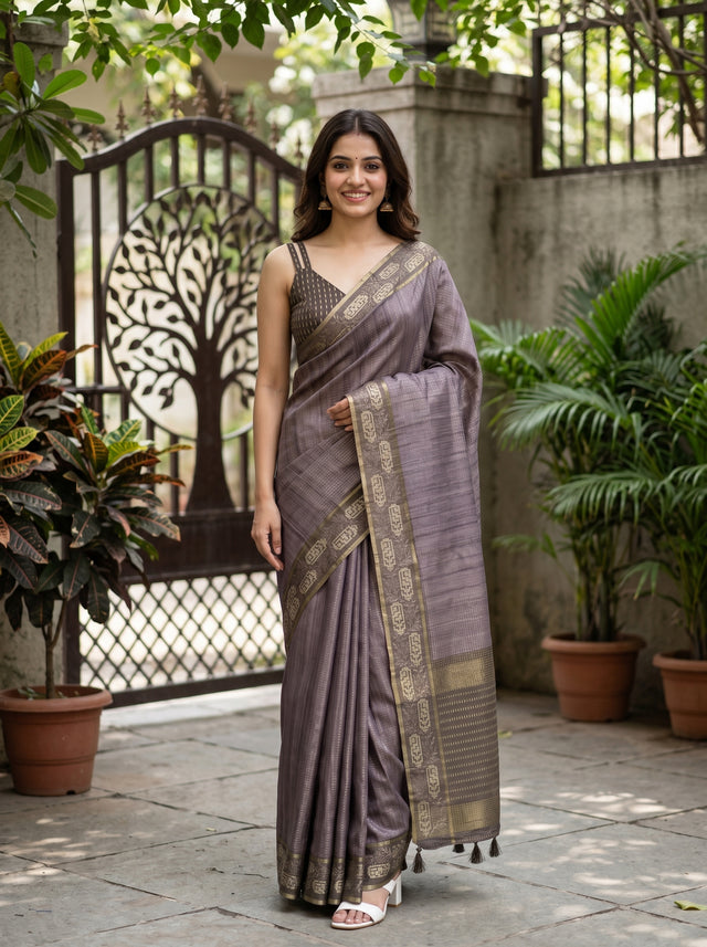 MIMOSA Olive Banarasi Art Silk Saree — AI Model lifestyle pose