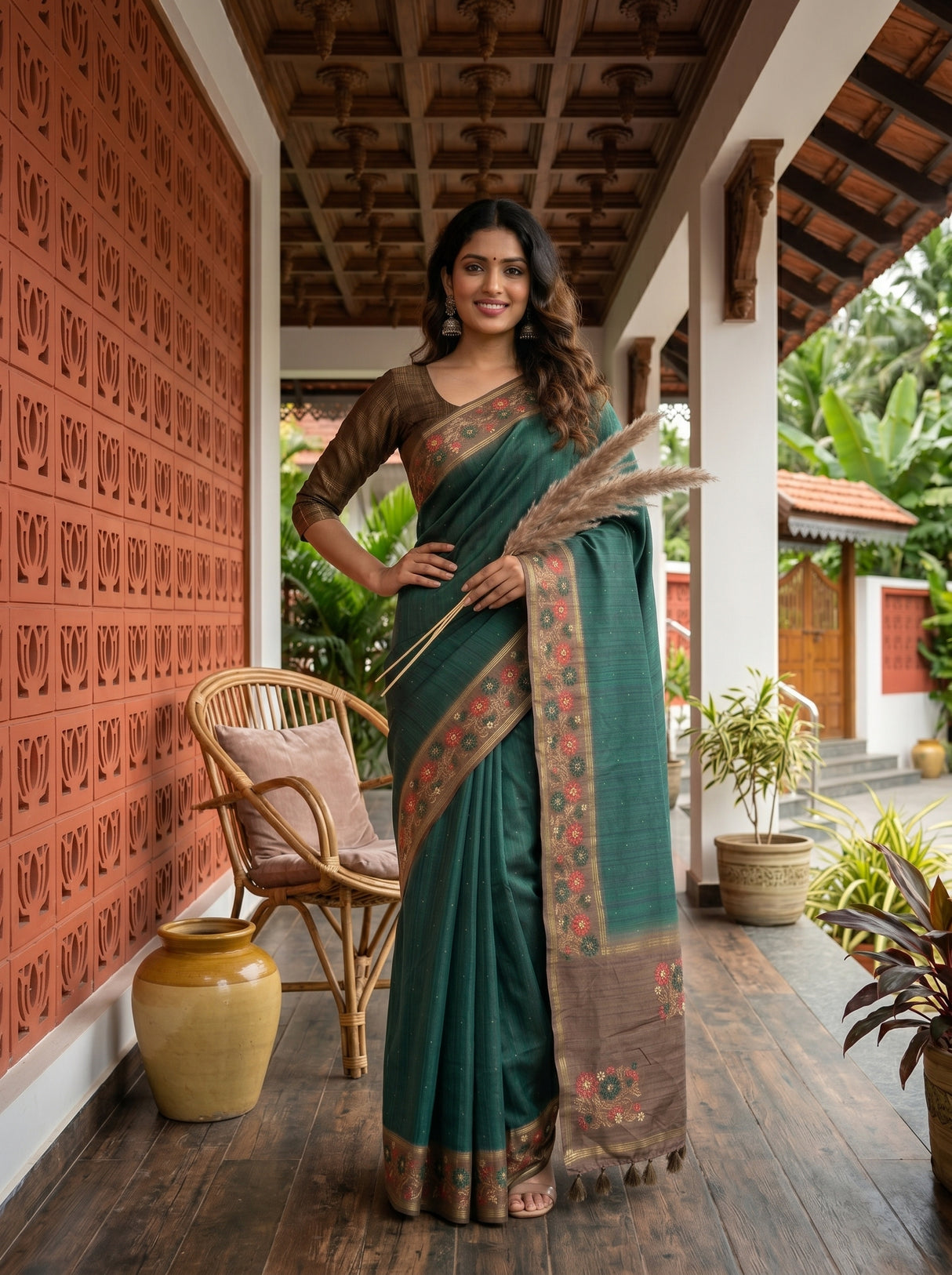 MIMOSA Bottle Green Saree Saree — pose 4 styling detail