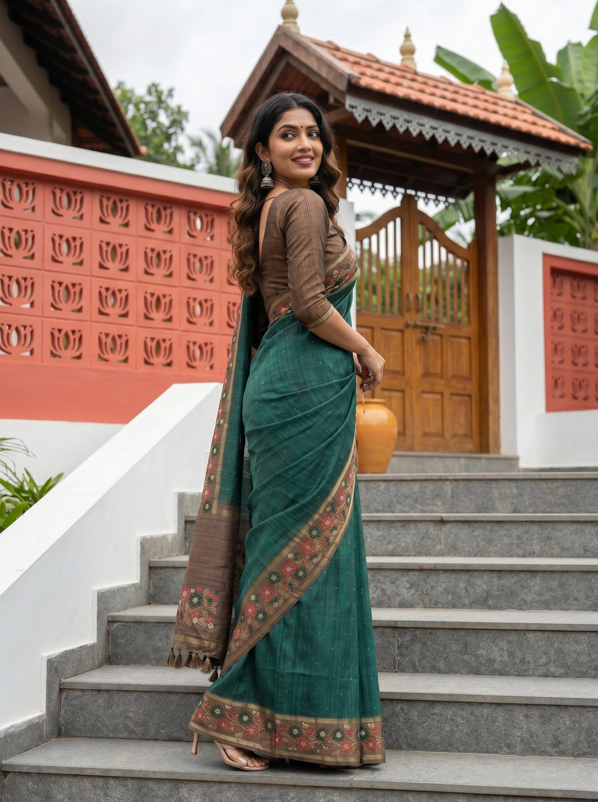 MIMOSA Bottle Green Saree Saree — pose 5 styling detail
