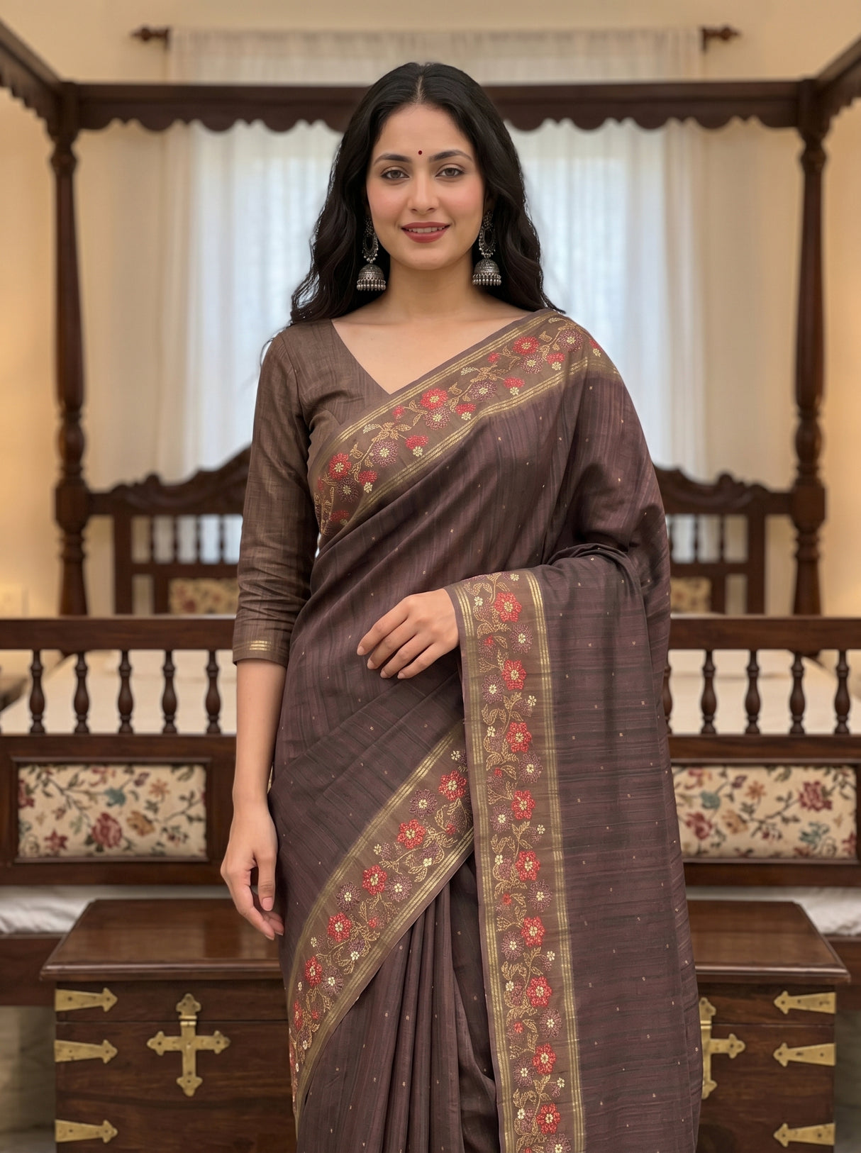 MIMOSA Chocolate Saree Saree — pose 10 styling detail