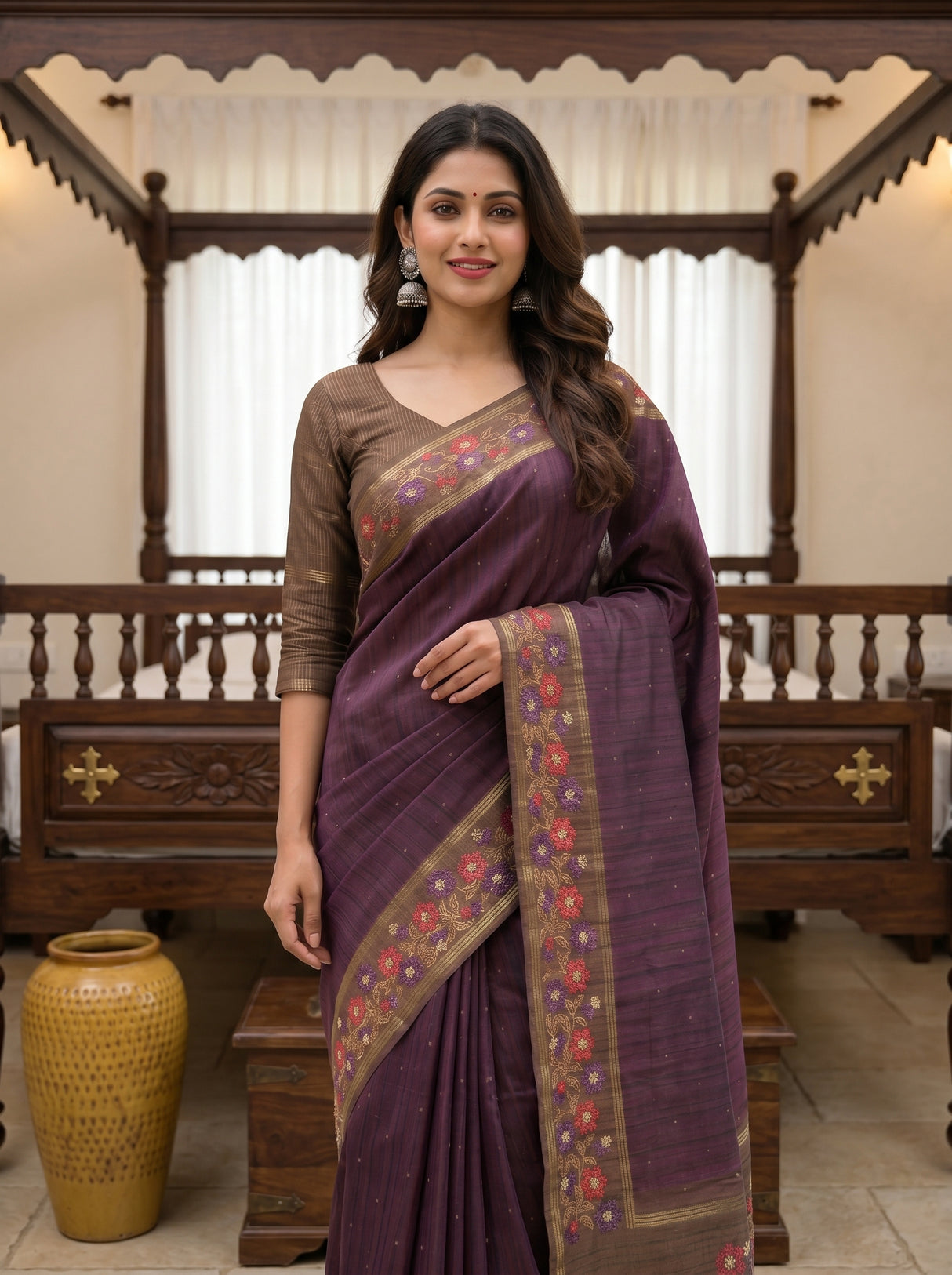 MIMOSA Wine Saree Saree — pose 10 styling detail