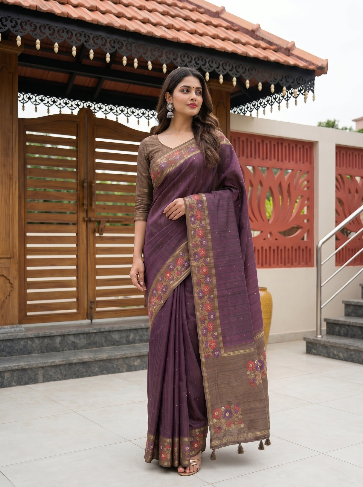 MIMOSA Wine Saree Saree — pose 5 styling detail