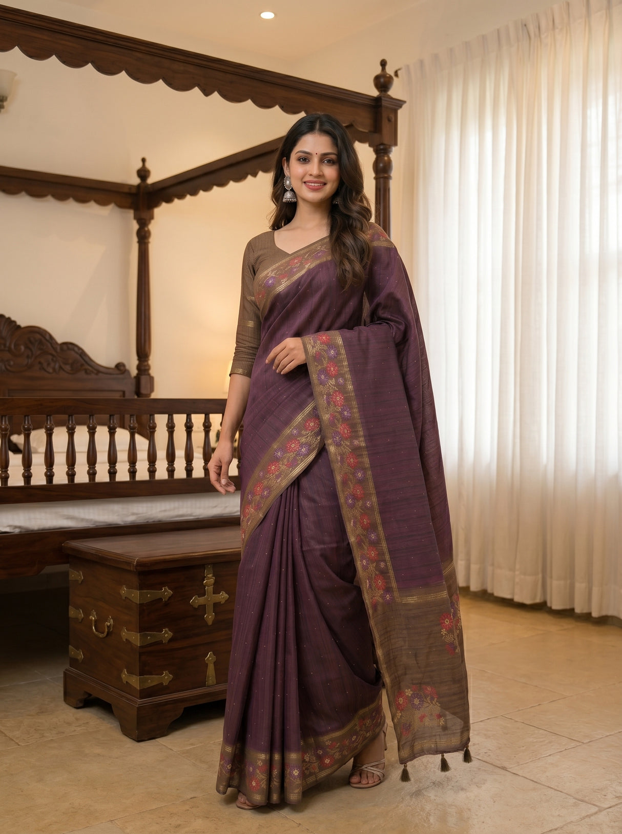 MIMOSA Wine Saree Saree — pose 9 styling detail