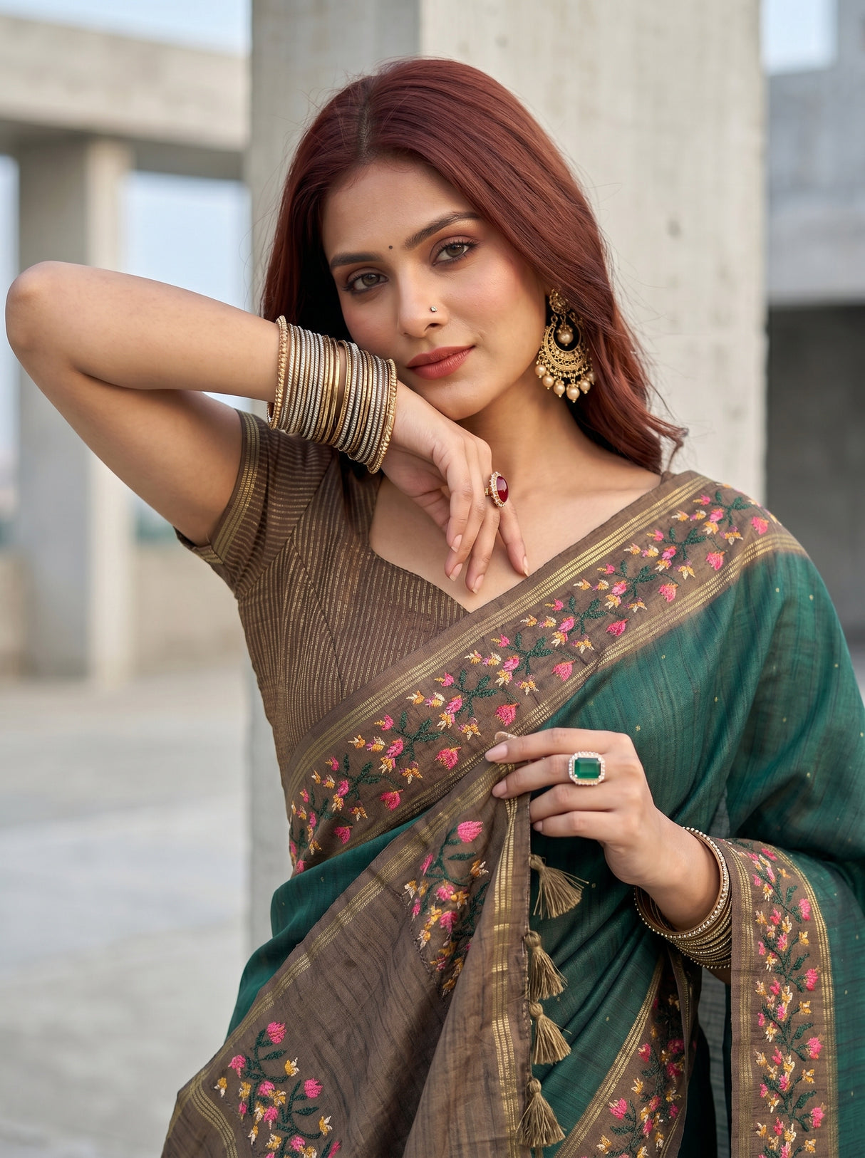 MIMOSA Bottle Green Banarasi Art Silk Saree — pose 10 styling detail