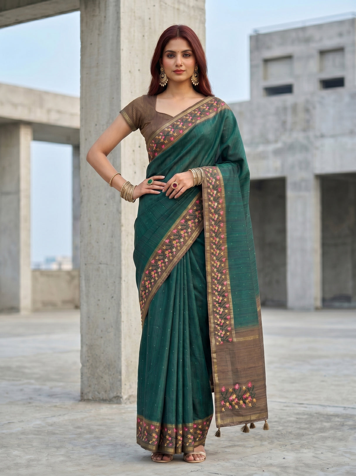 MIMOSA Bottle Green Banarasi Art Silk Saree — pose 4 styling detail