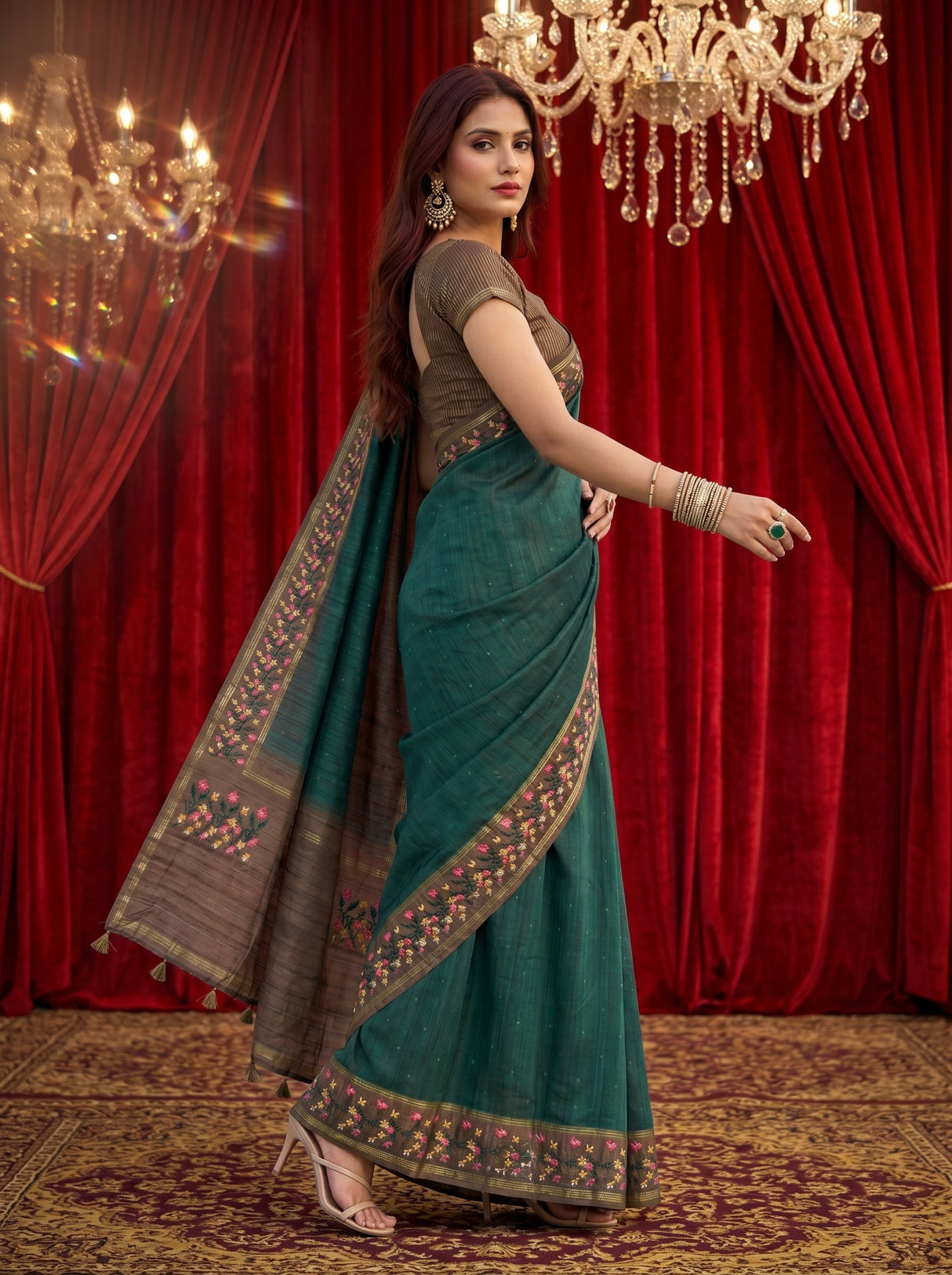 MIMOSA Bottle Green Banarasi Art Silk Saree — pose 9 styling detail