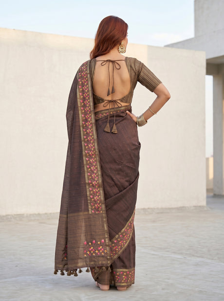 MIMOSA Chocolate Banarasi Art Silk Saree — pose 2 styling detail