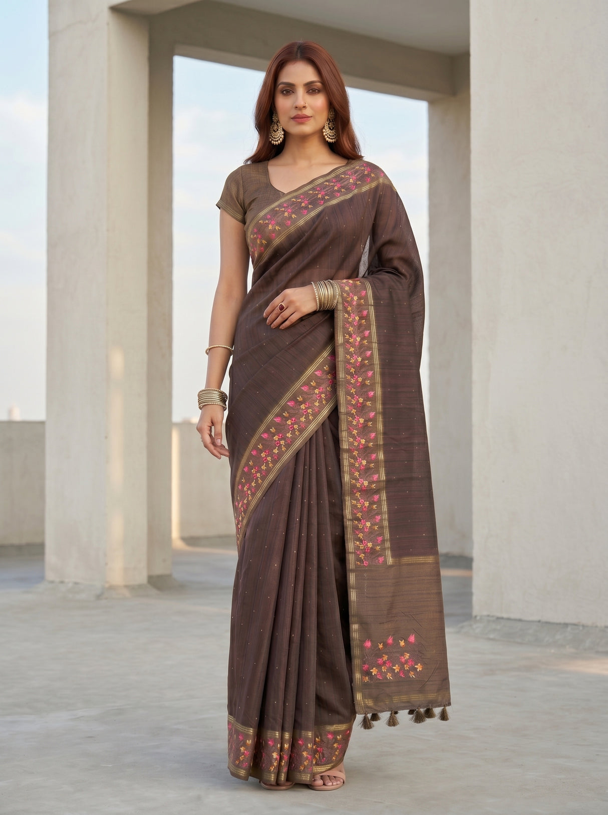 MIMOSA Chocolate Banarasi Art Silk Saree — pose 4 styling detail