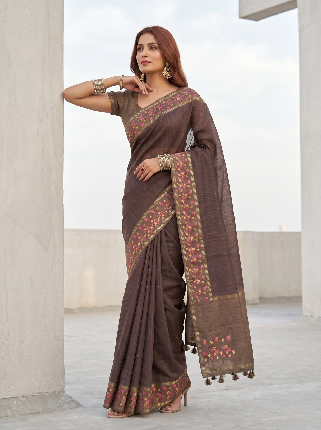 MIMOSA Chocolate Banarasi Art Silk Saree — pose 5 styling detail