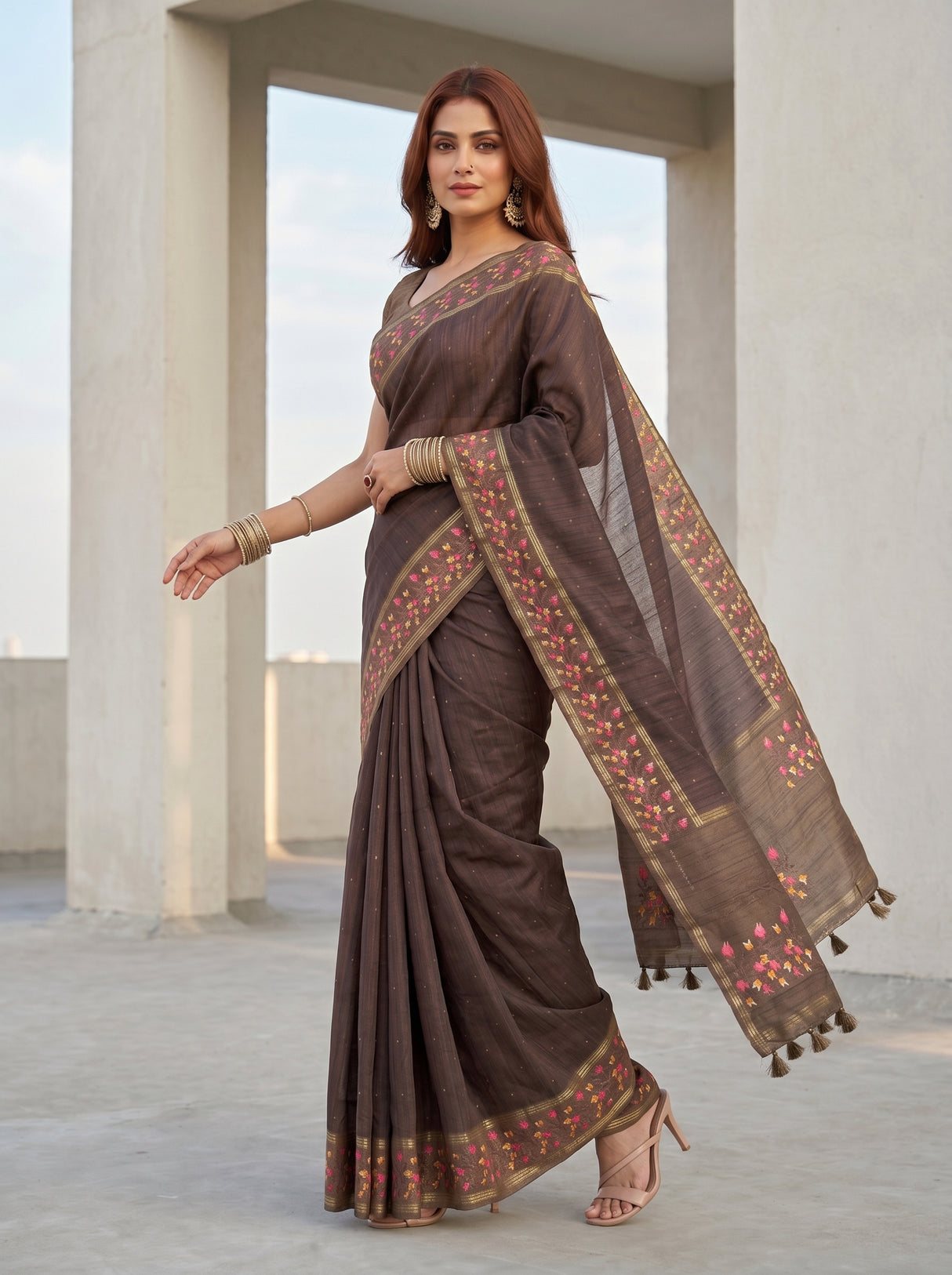 MIMOSA Chocolate Banarasi Art Silk Saree — pose 9 styling detail