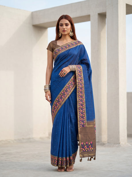 MIMOSA Navy Banarasi Art Silk Saree — AI Model lifestyle pose