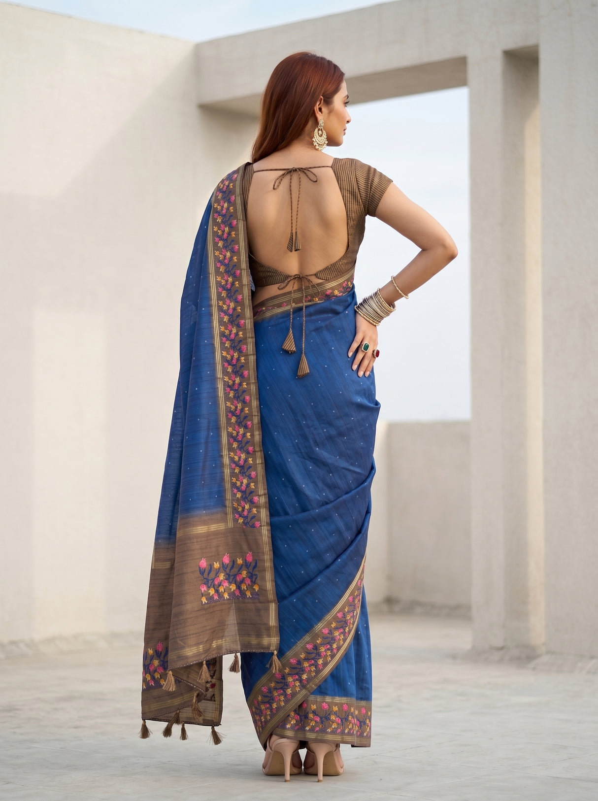 MIMOSA Navy Banarasi Art Silk Saree — pose 2 styling detail
