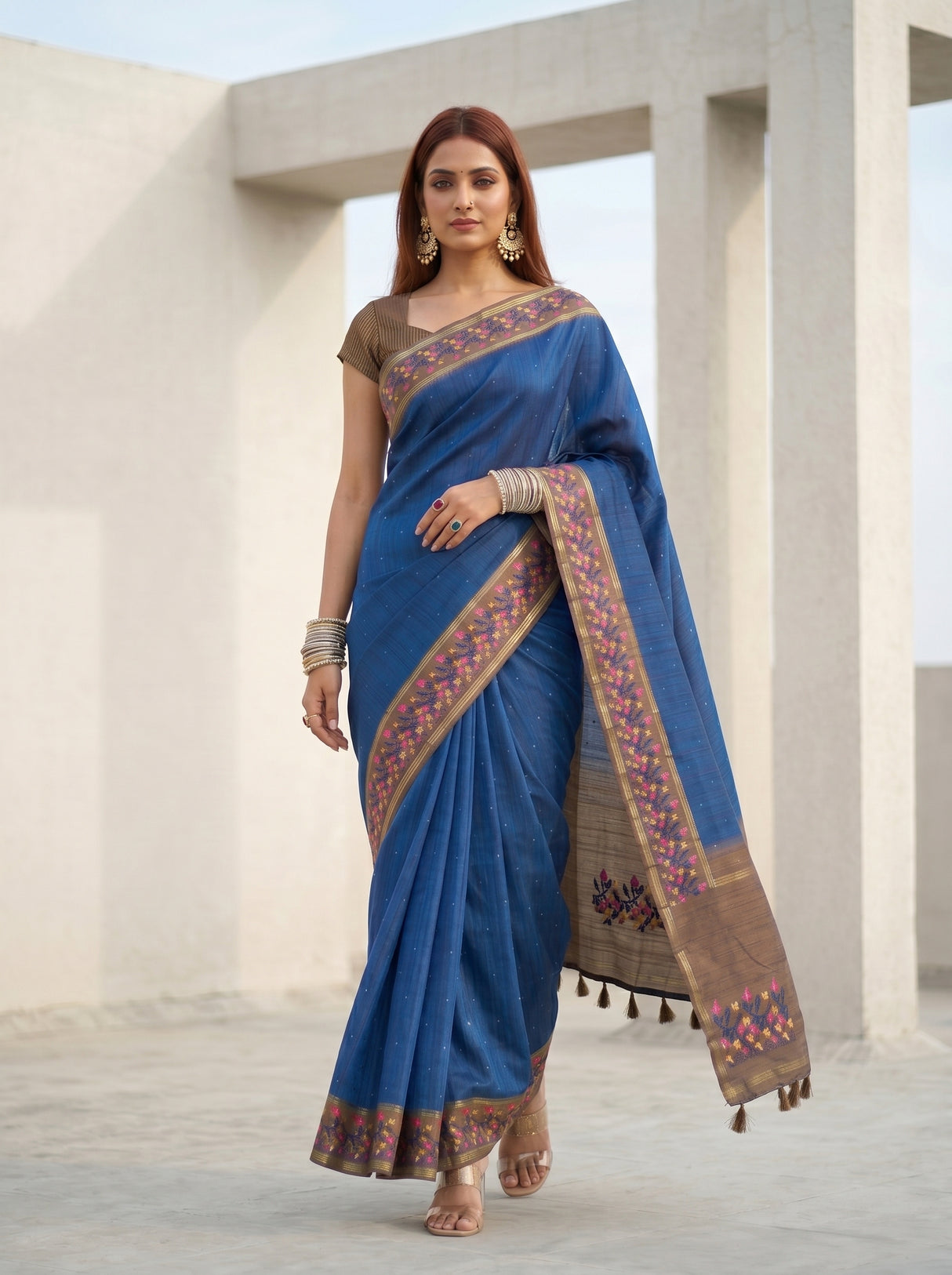 MIMOSA Navy Banarasi Art Silk Saree — pose 6 styling detail