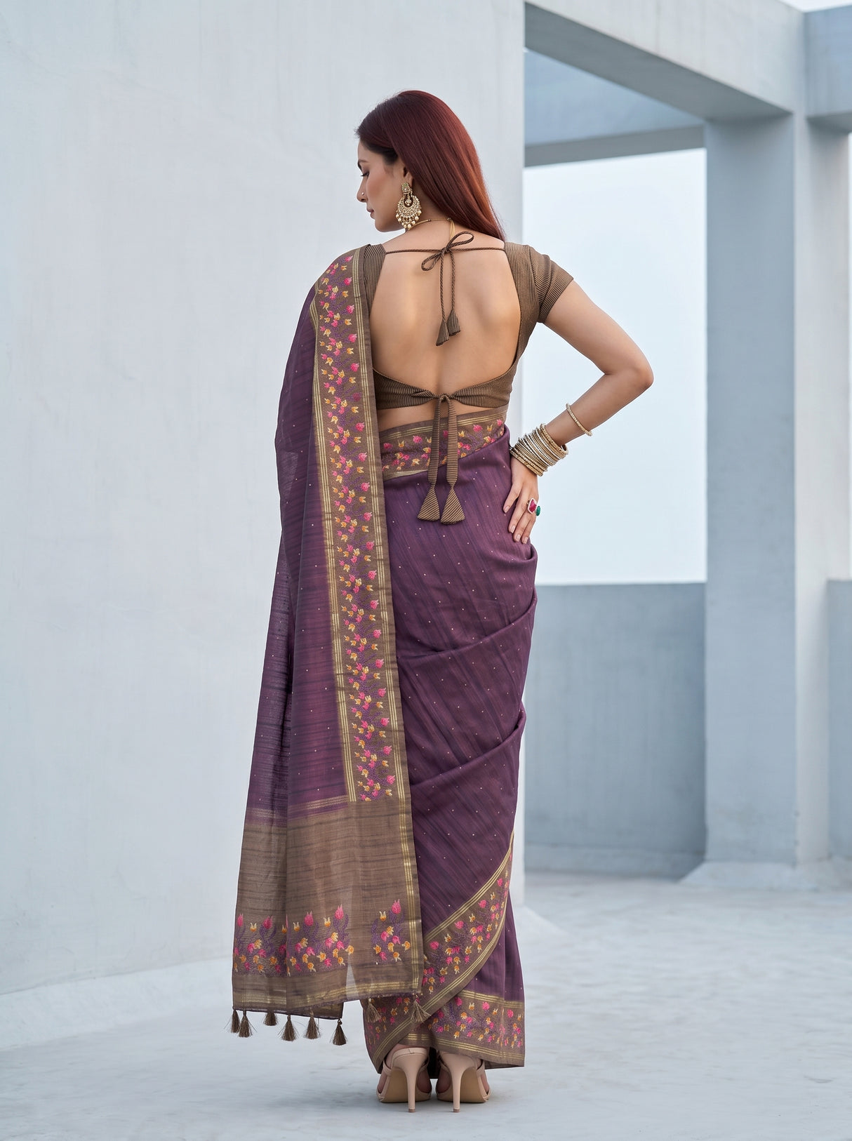 MIMOSA Wine Banarasi Art Silk Saree — pose 2 styling detail