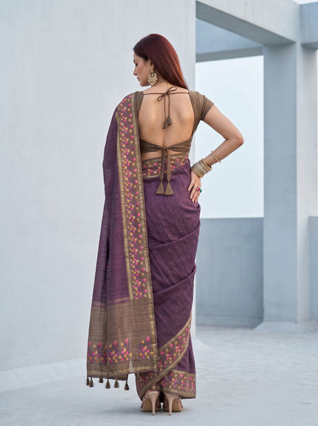 MIMOSA Wine Banarasi Art Silk Saree — pose 2 styling detail