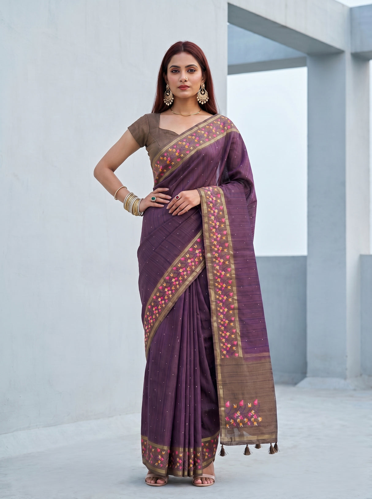 MIMOSA Wine Banarasi Art Silk Saree — pose 4 styling detail