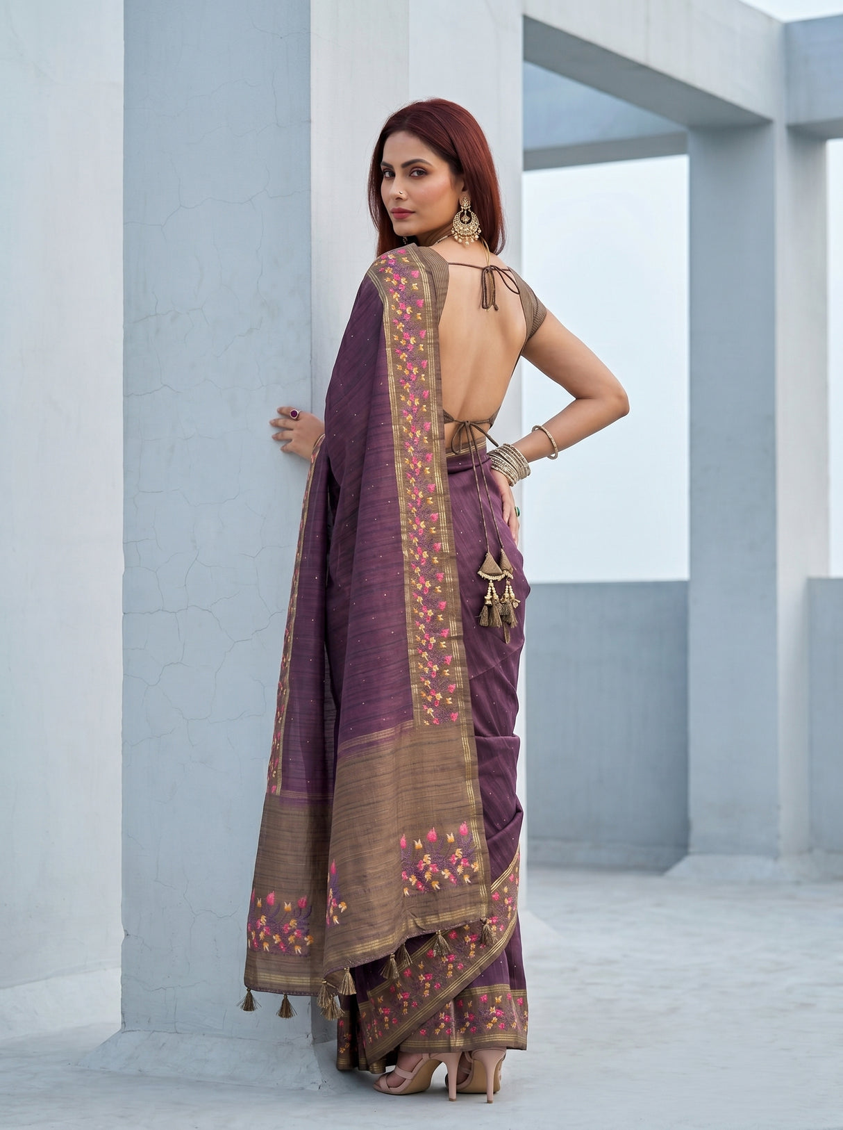 MIMOSA Wine Banarasi Art Silk Saree — pose 7 styling detail
