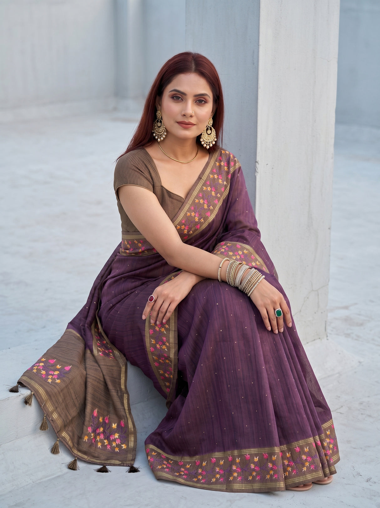 MIMOSA Wine Banarasi Art Silk Saree — pose 8 styling detail