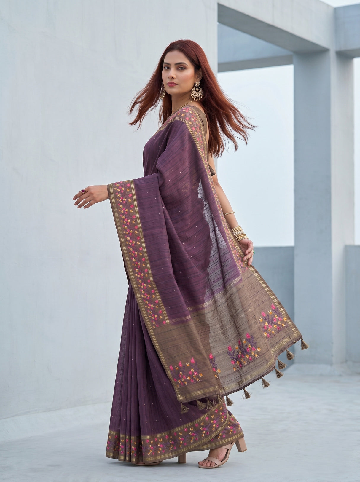 MIMOSA Wine Banarasi Art Silk Saree — pose 9 styling detail