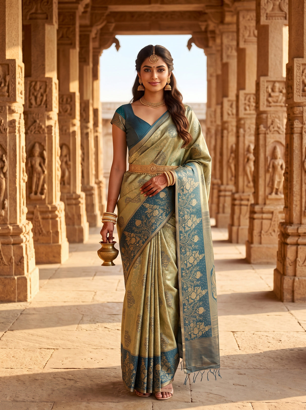 MIMOSA Blue Grey Kanjivaram Art Silk Saree — AI Model lifestyle pose in temple corridor