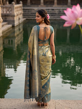 MIMOSA Blue Grey Kanjivaram Art Silk Saree — pose 2 styling detail