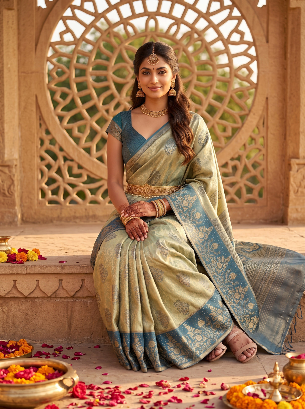 MIMOSA Blue Grey Kanjivaram Art Silk Saree — pose 8 styling detail