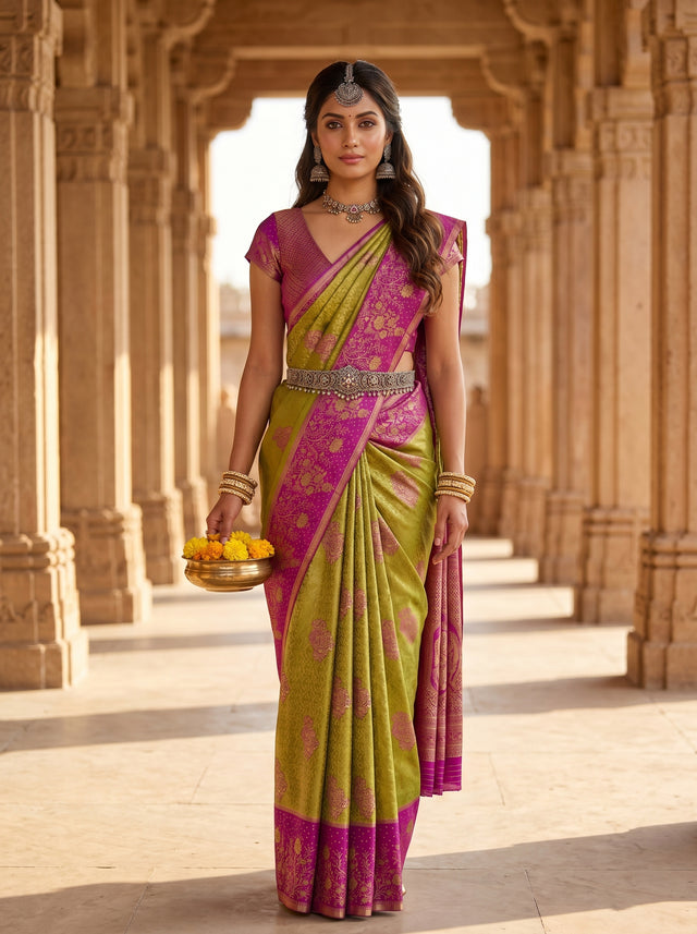 MIMOSA Olive Kanjivaram Art Silk Saree — AI Model lifestyle pose in temple corridor