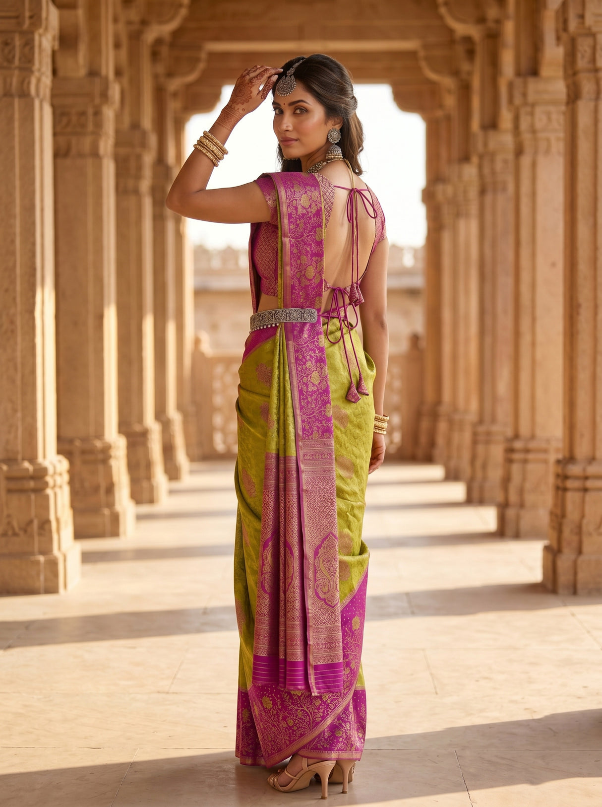 MIMOSA Olive Kanjivaram Art Silk Saree — pose 7 styling detail