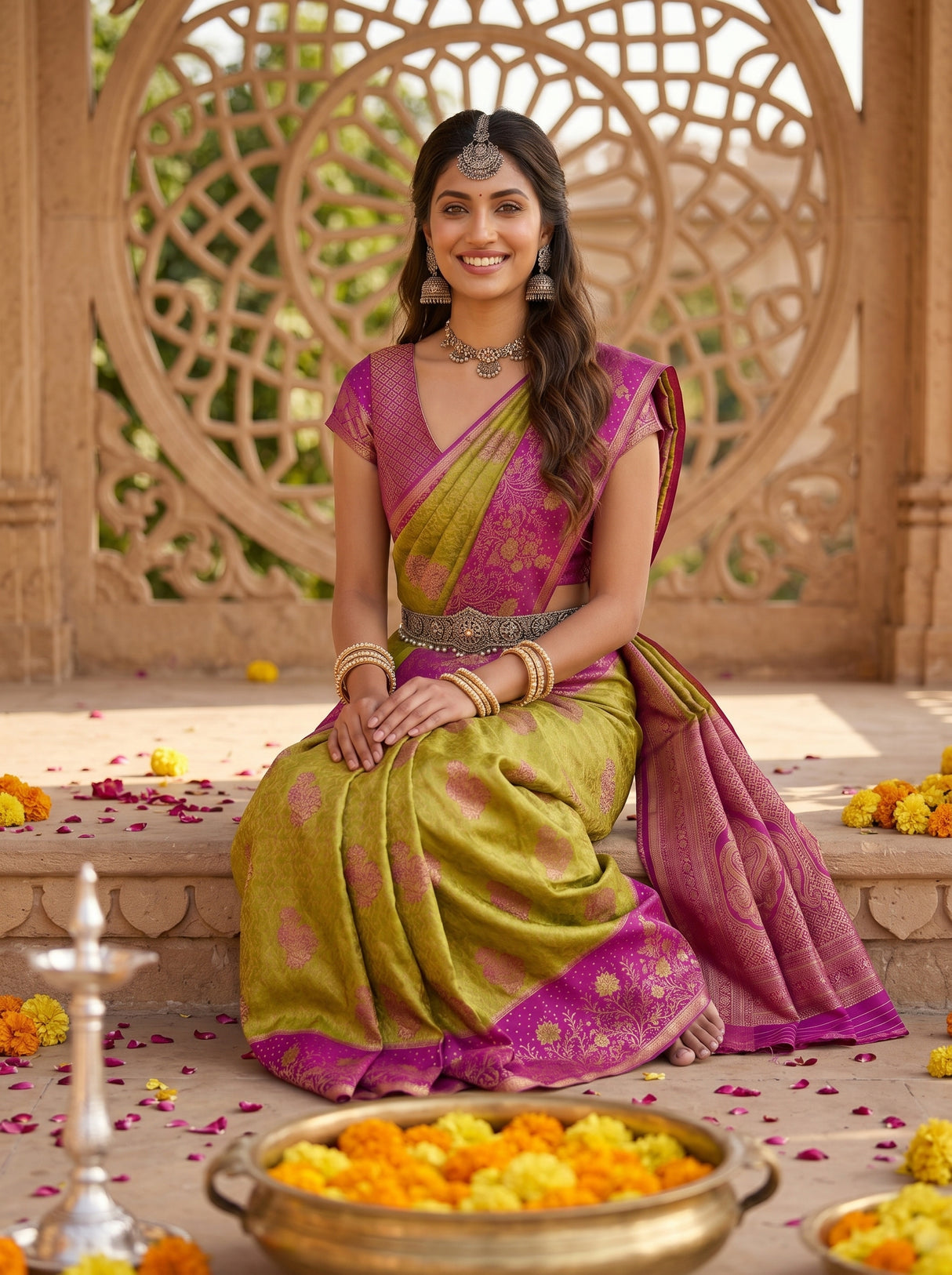 MIMOSA Olive Kanjivaram Art Silk Saree — pose 8 styling detail