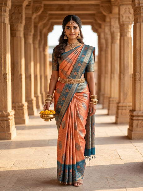 MIMOSA Peach Kanjivaram Art Silk Saree — AI Model lifestyle pose in temple corridor