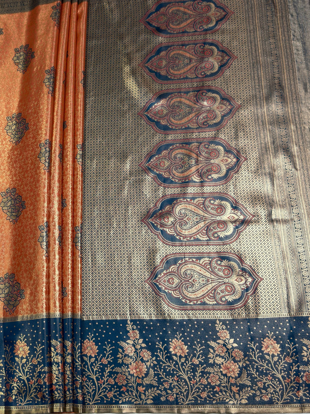 MIMOSA Peach Kanjivaram Art Silk Saree — pallu and zari work detail